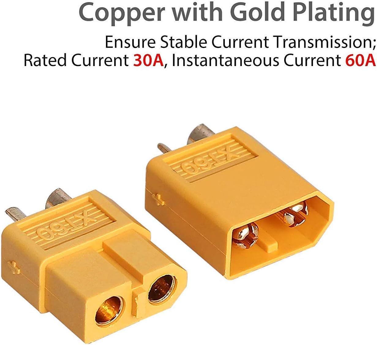 Sada 2 párů konektorů XT60 samec a samice se 100mm silikonovým kabelem 12AWG, ideální pro RC Lipo baterie a FPV drony - XT-60 vysoce vodivý konektor-zástrčka