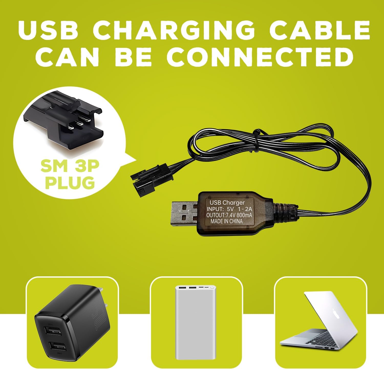 1 Batteria Li-ion 7.4V 600mAh 2S con Connettore SM-3P + Cavo USB – Compatibile con RC Car DE82, TK3086B, TK-3082B, G20601, Stunt Flip Car