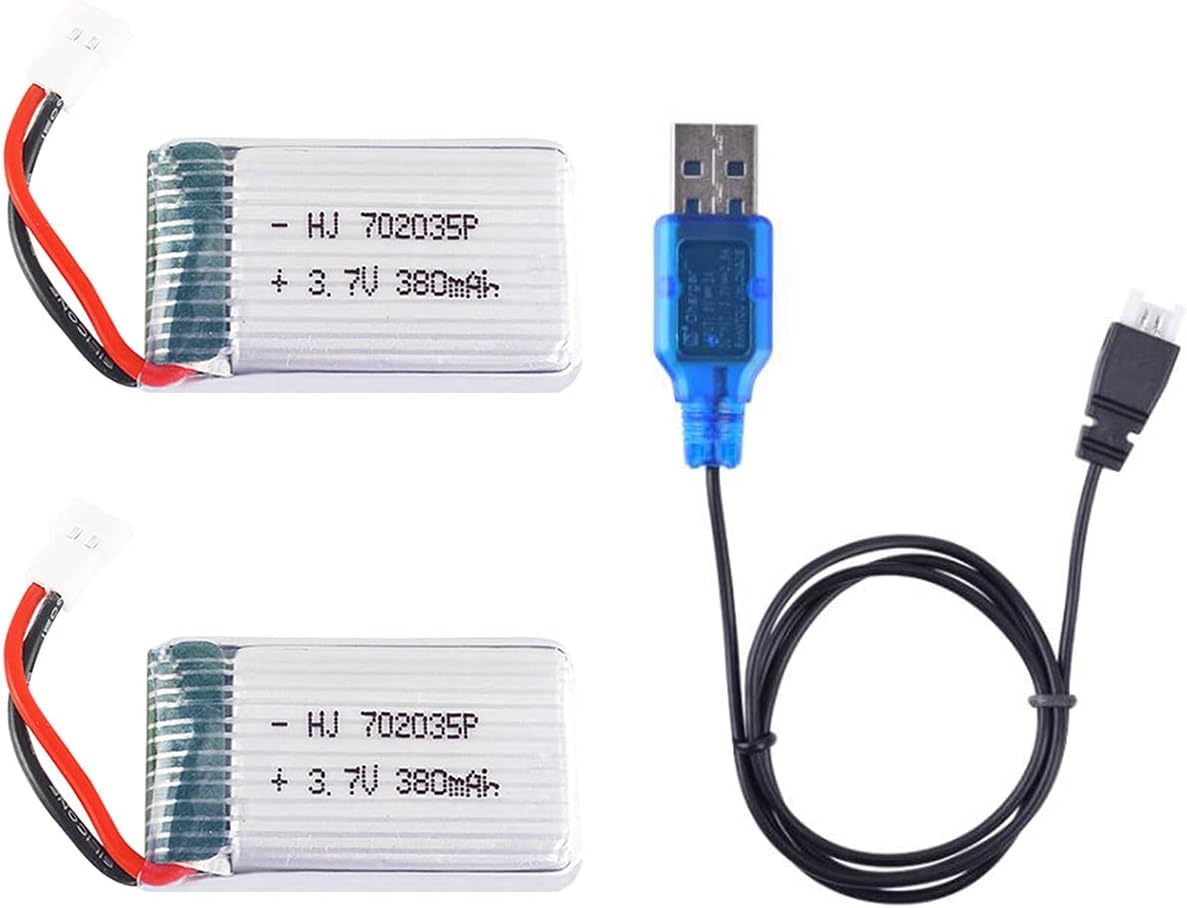 2 Pieces LiPo Batteries 3.7v 380mAh with USB Cable | Compatible with Hubsan X4 H107c H107d H107L, Syma X11 X11C, HS170 | Ideal for RC Quadricopters, RC Helicopters, Silver