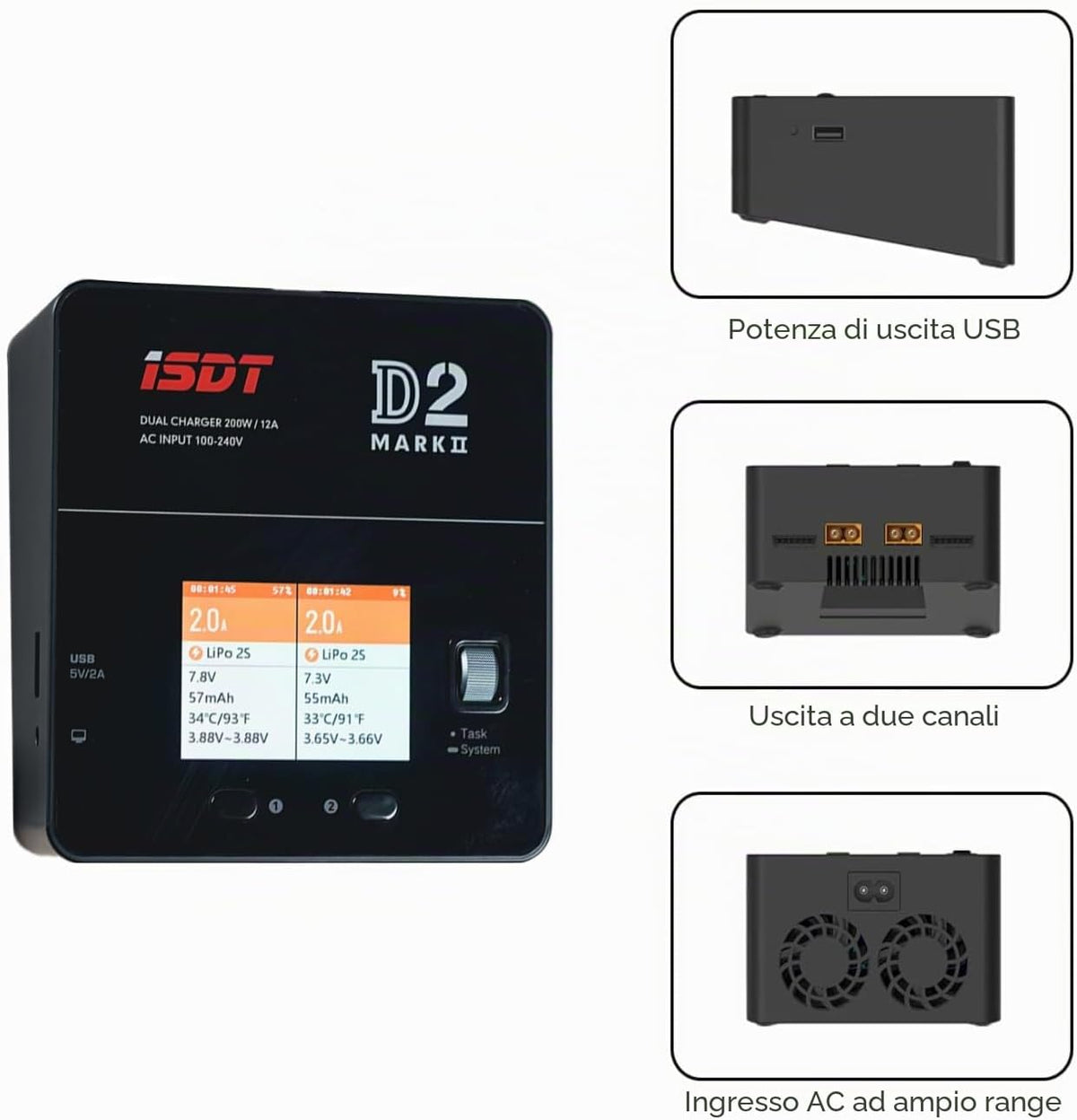 ISDT D2 Mark 2 Caricabatterie Intelligente Dual Channel AC per LiPo LiHV LiFe Li-Ion 1-6S, NiMH NiCd 1-16S, Pb 1-12S