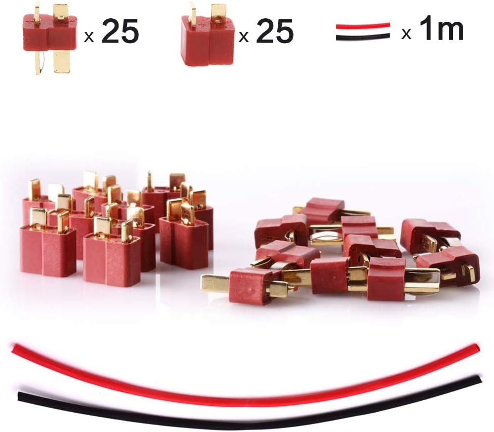 Complete Set of 25 Pair T Plug Connector, T-Plug Deans Male and Female, Including 1m Heat Shrink Tubing for RC LiPo Batteries