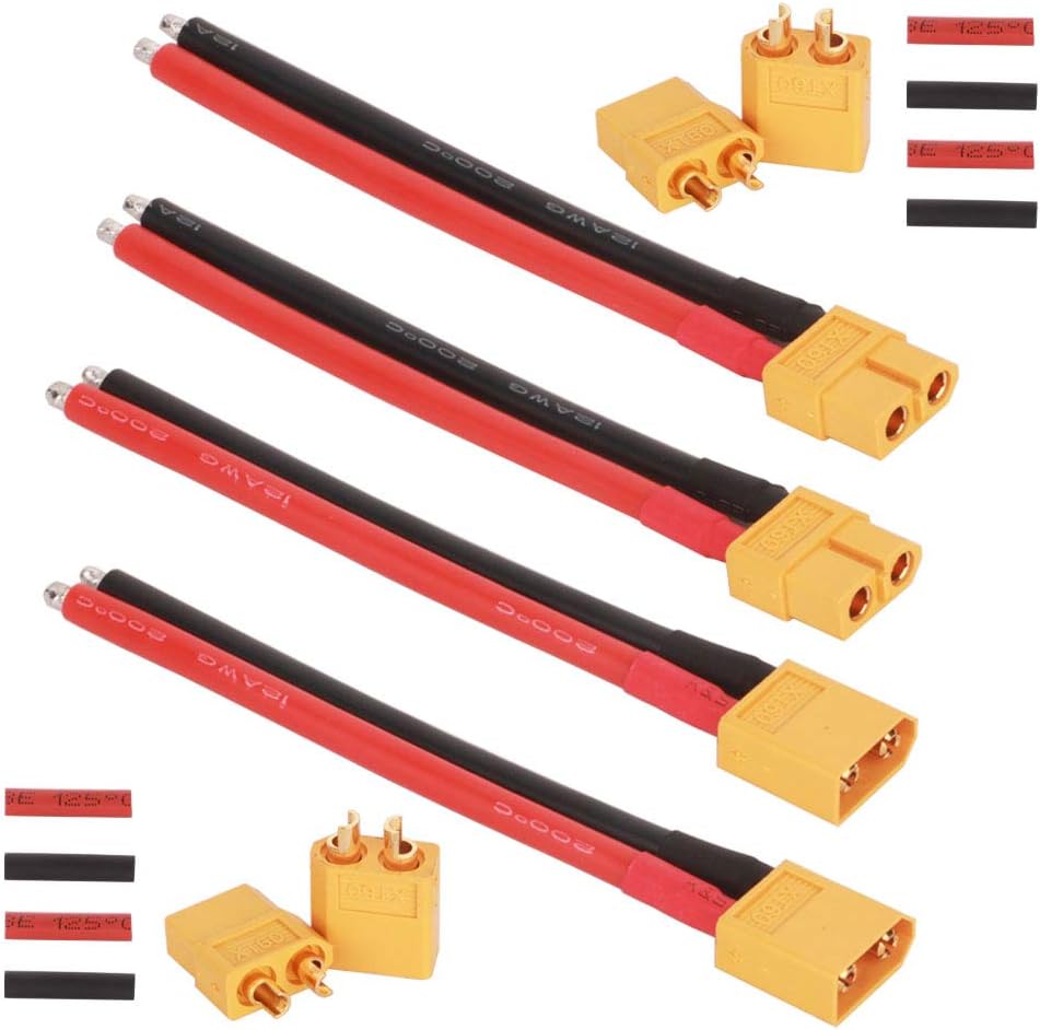 Set of 2 Pairs of XT60 Male and Female Connectors with 100mm 12AWG Silicone Cable, Ideal for RC Lipo Batteries and FPV Drones - XT-60 Plug-High Conductivity Connector