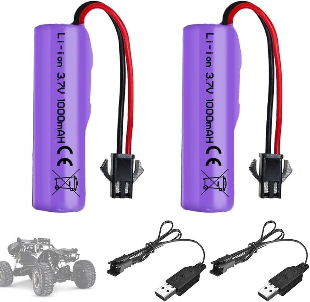 2 Batterie Li-Ion 3.7V 1000mAh SM-2P con 2 Caricatori USB per RC