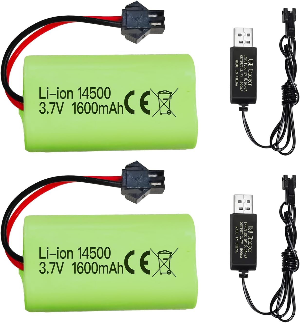 2 Pieces 3.7V 1600mAh Li-ion Rechargeable Batteries with SM-2P Connector + USB Cables - Compatible with RC Car 9962 8837 and Toy Truck