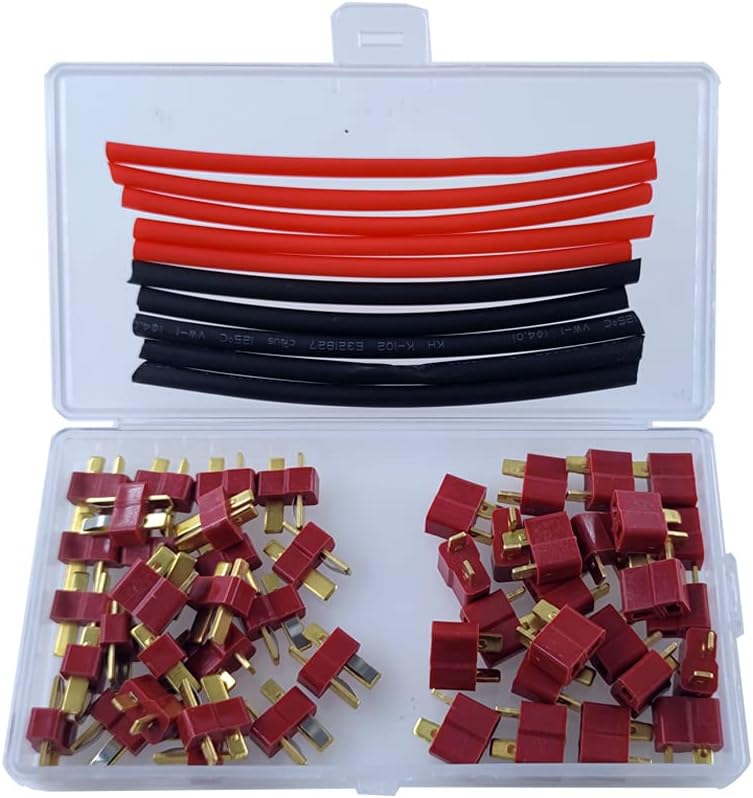 Complete Set of 25 Pair T Plug Connector, T-Plug Deans Male and Female, Including 1m Heat Shrink Tubing for RC LiPo Batteries