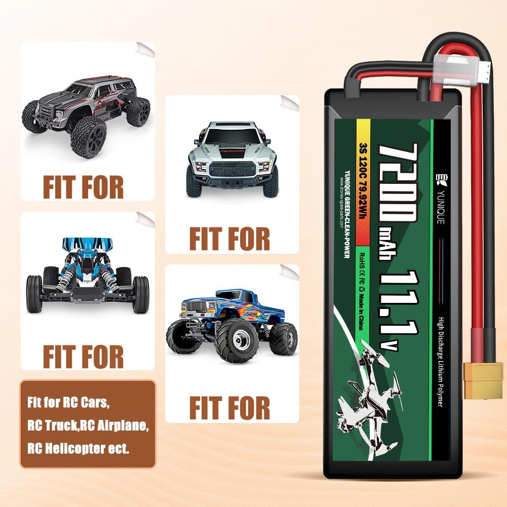 3-Cell 11.1V 7200mAh 120C Lipo Battery with XT90 Connector, Silicone Cable and Hard Shell - Dimensions 138X46X37 mm, Weight 488g - High Power for RC Models