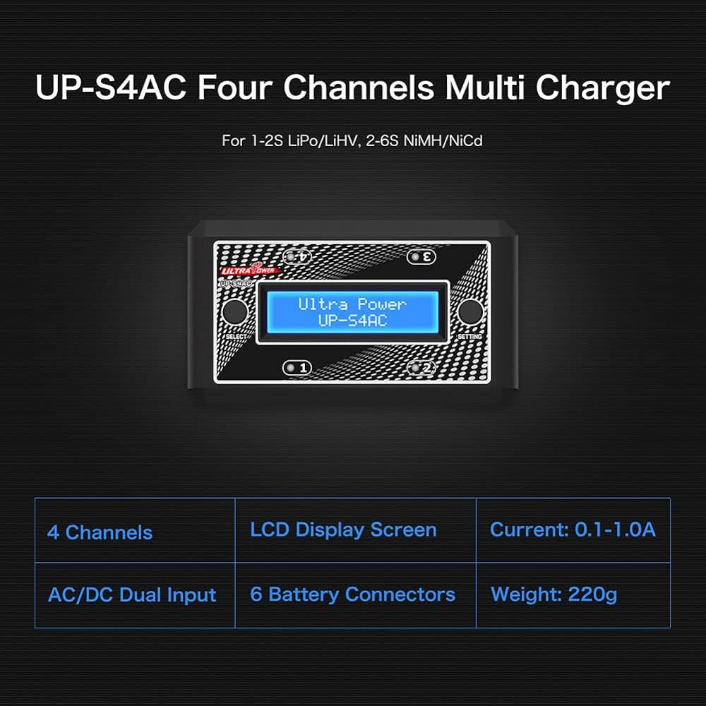 UP-S4AC Caricabatterie AC/DC a Quattro Canali per Batterie 2S LiPo/LiHV - Ricarica Efficiente e Sicura per Modellismo e Droni