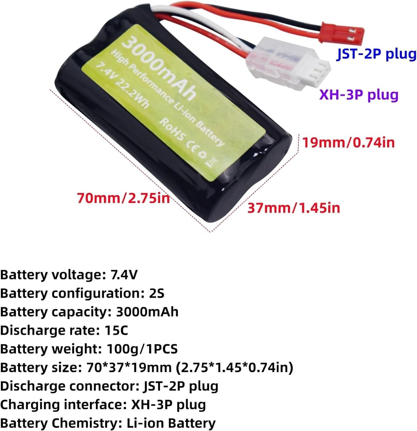 Set of 4 Li-ion 3.7V 3000mAh Batteries with USB Chargers for RC Cars, Compatibility with DE45 DE42 1:14 Off-Road and Drift Racing Models