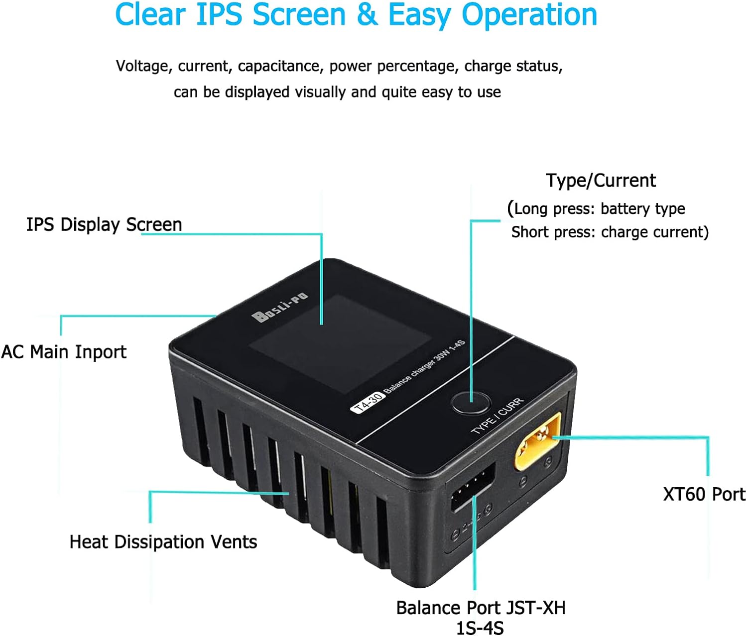 Caricabatterie Lipo 1S-4S Balance con Display IPS Digitale - AC Smart Battery Charger per Lipo/LiHV/Life - 6 Cavi di Ricarica