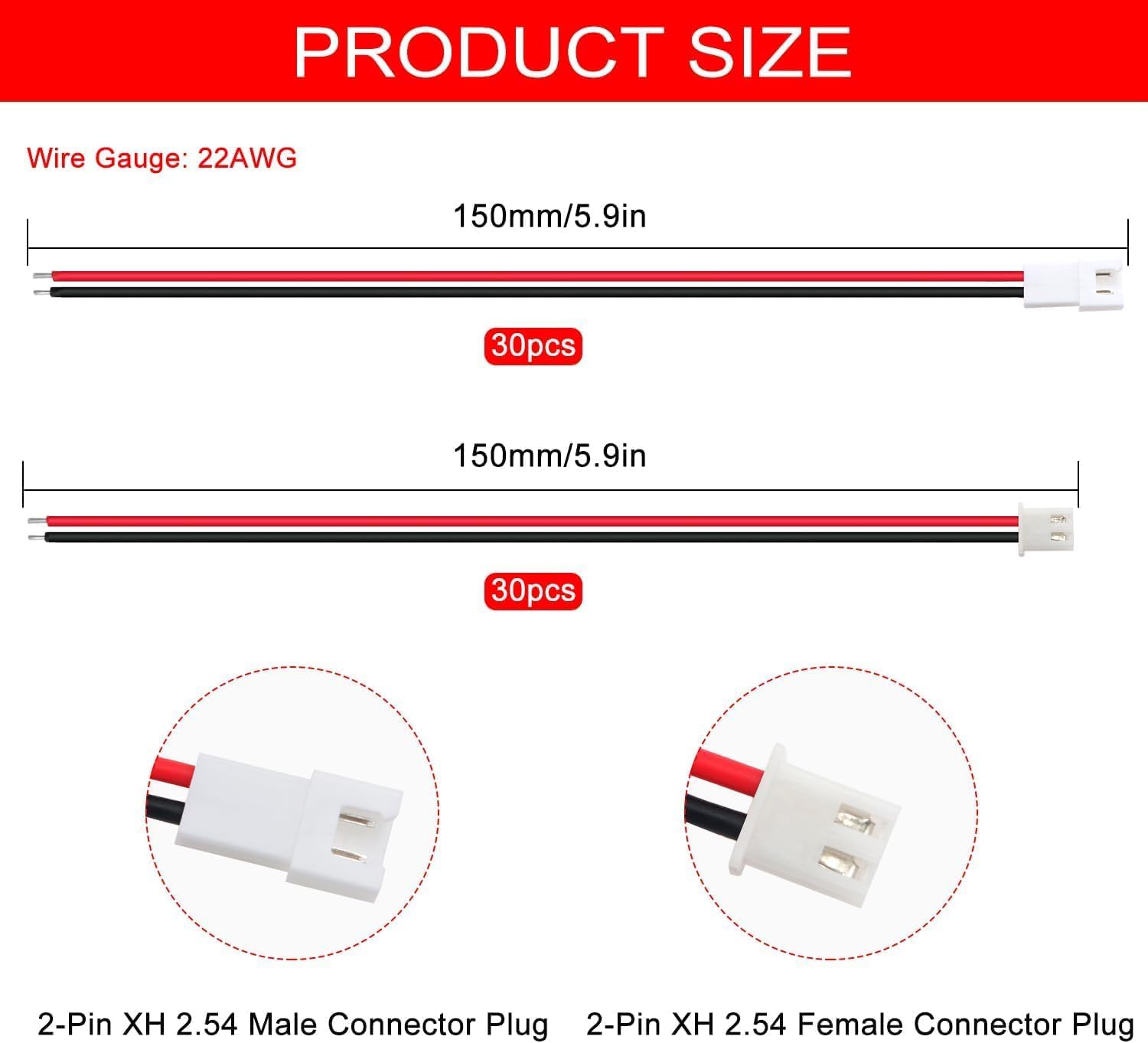 30 Paia Connettori JST XH 2.54 2 Pin 150mm 22AWG Maschio Femmina LED Batterie Robot DIY