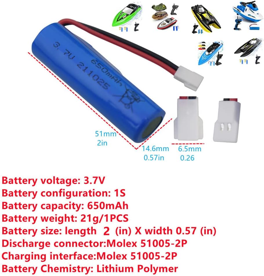 1 Piece 3.7V 650mAh Lithium Battery for Remote Control Boats SYMA Q9 H126 H131 H118 RH701