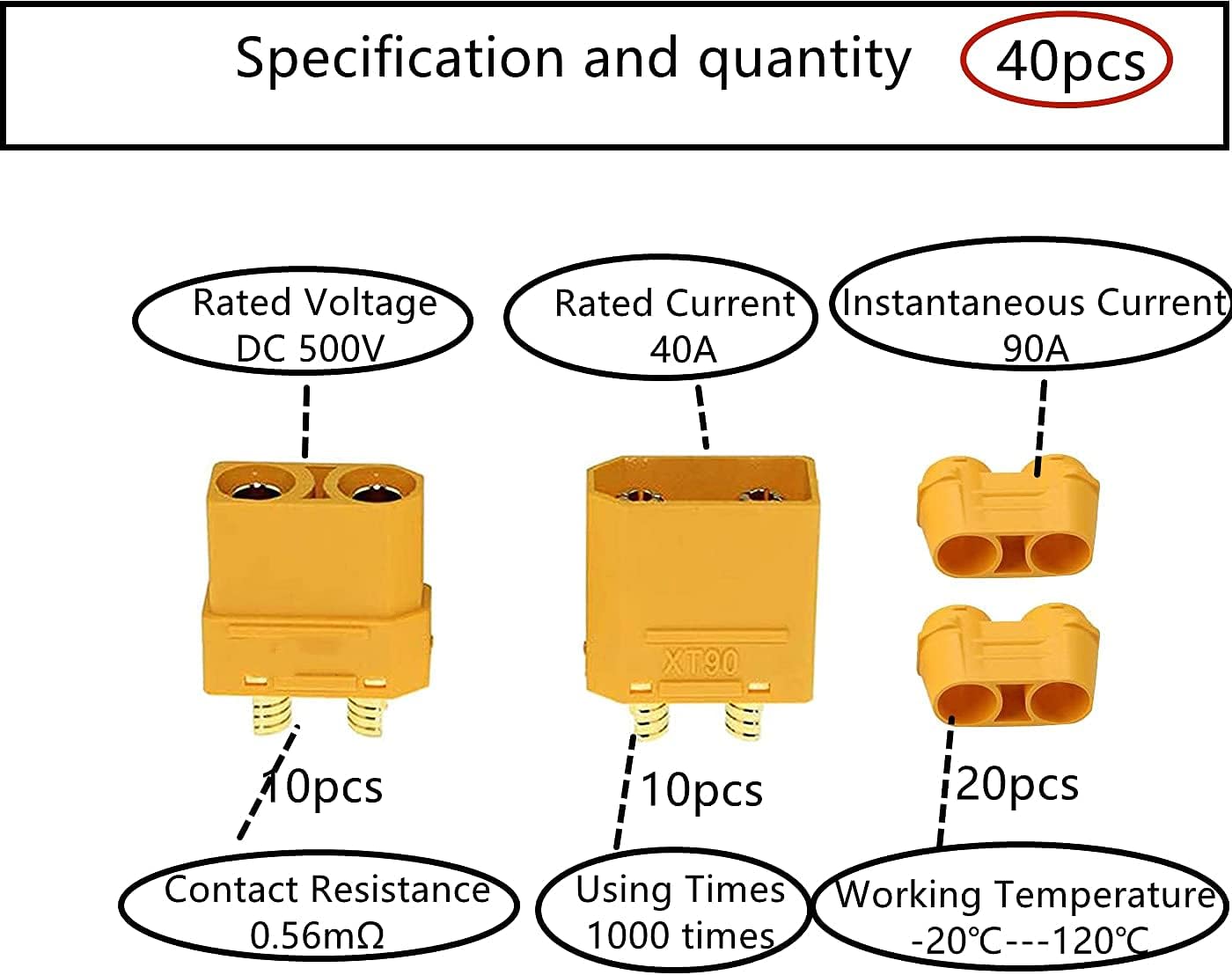 XT90H Male-Female Connectors 10 Pairs | Current Support 40A/90A Max | High Quality for RC Lipo Batteries | With Wire Feedthrough, Yellow, Plastic