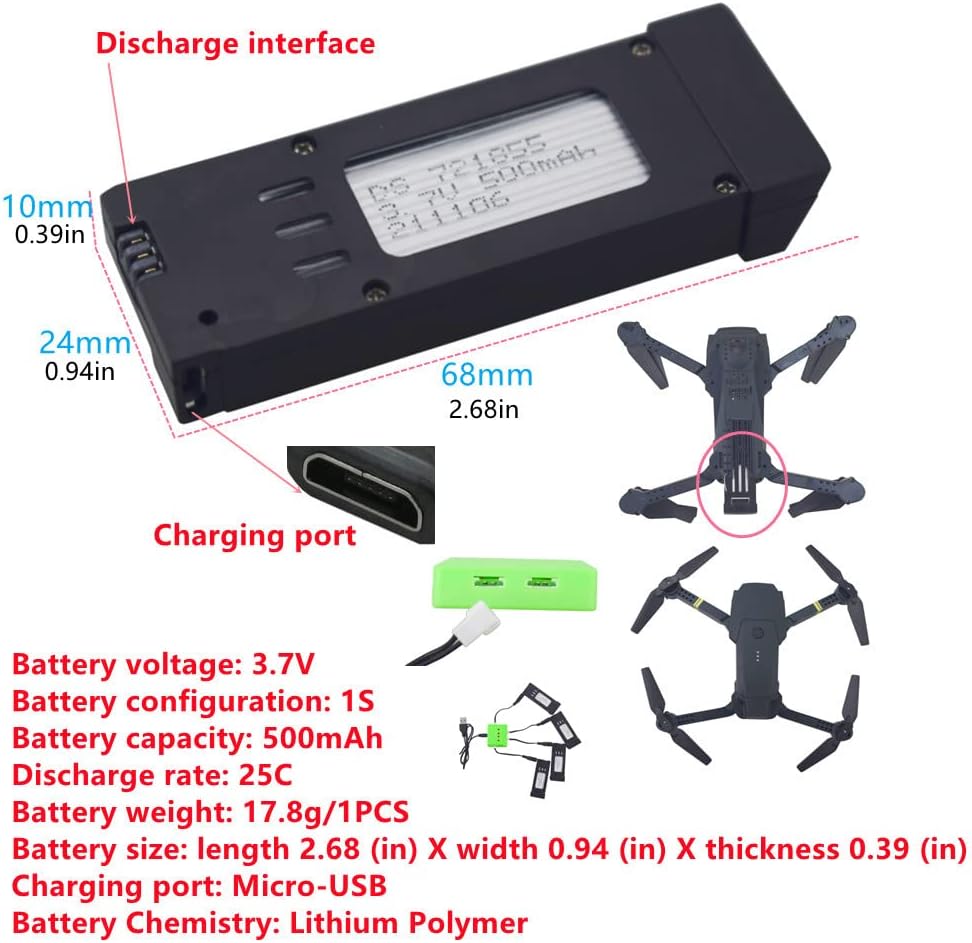 Set 4 Batterie LiPO 3.7V 500mAh + Caricabatterie 4 in 1 | Per Droni E58 S168 JY019 RC