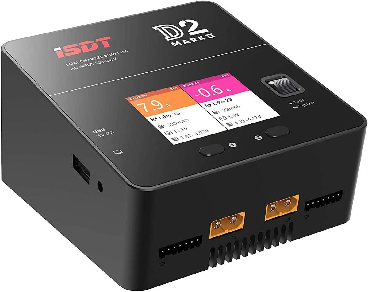 ISDT D2 Mark 2 Caricabatterie Intelligente Dual Channel AC per LiPo LiHV LiFe Li-Ion 1-6S, NiMH NiCd 1-16S, Pb 1-12S
