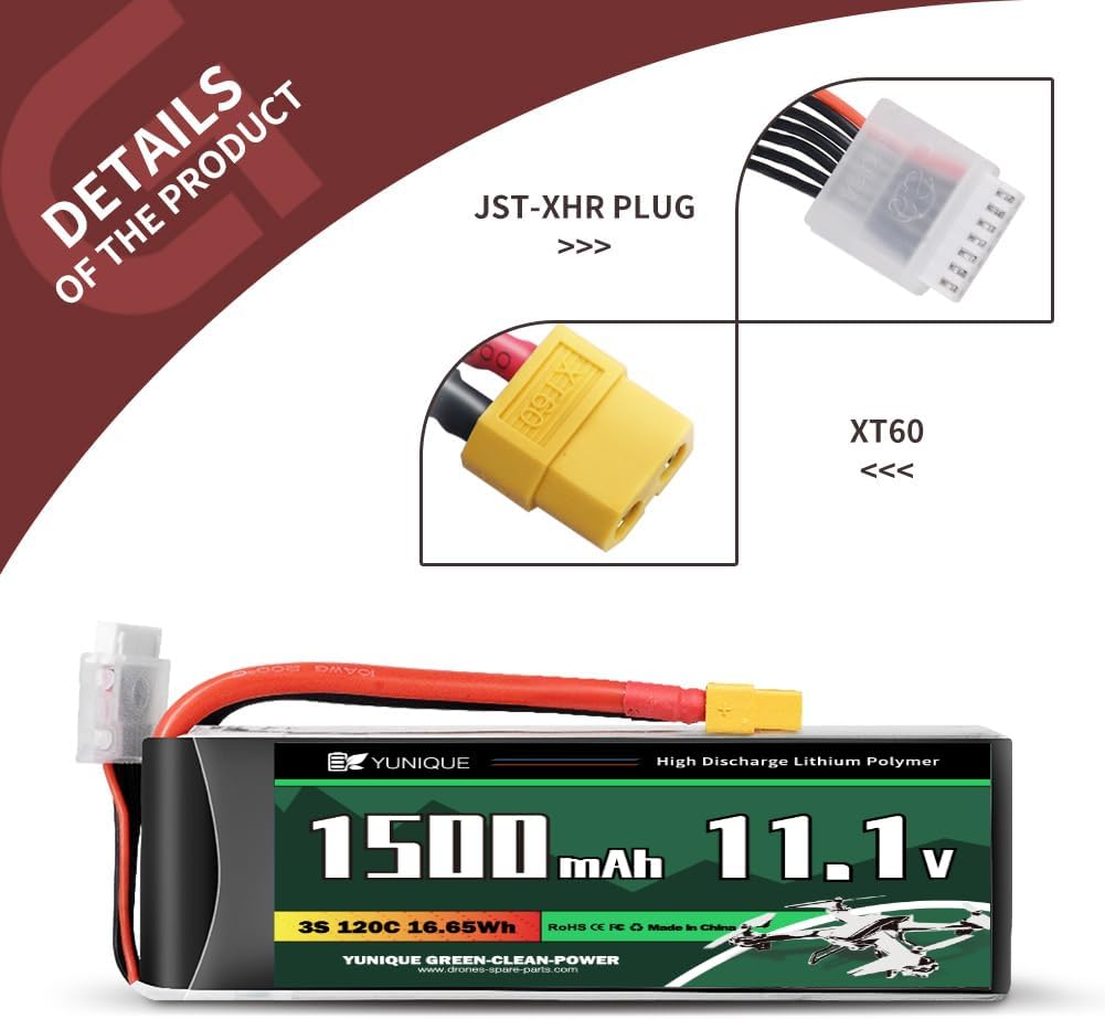 3-Cell 11.1V 1500mAh 120C Lipo Battery with XT60 Connector, Silicone Cable and Soft Shell - Size 72X35X24 mm, Weight 140g - High Power for RC Models