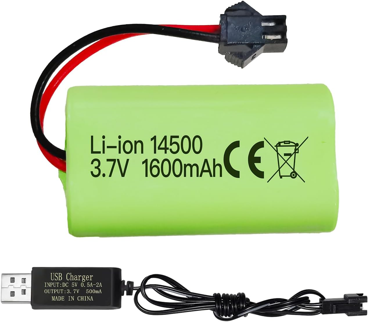 Rechargeable Li-ion 3.7V 1600mAh Battery with SM-2P Connector + USB Cable - Compatible with RC Cars 9962 8837 and Toy Engineering Trucks