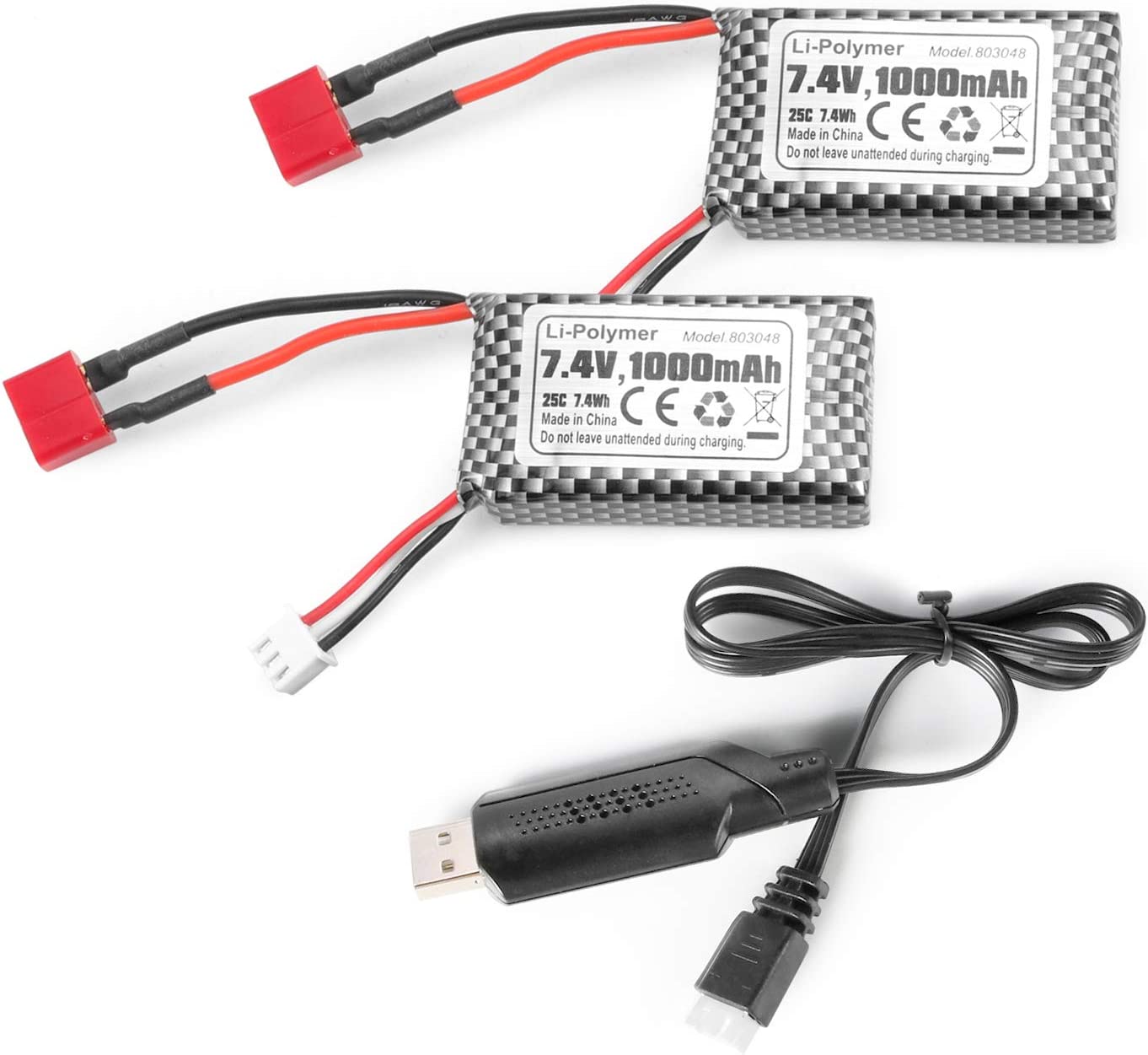 2 Pieces Rechargeable Lipo Batteries 7.4V 1000mAh with T Plug for 18859 18858 Q902 35-DJ03 with RC USB Charger