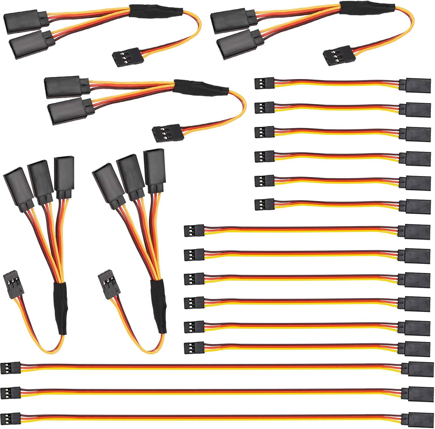 20 PCS Servo Extension Cable Set for RC - JR Extension Cable, 3 Pin Male to Female, 1 to 2/1 to 3 - Sizes 100mm, 150mm, 300mm RC