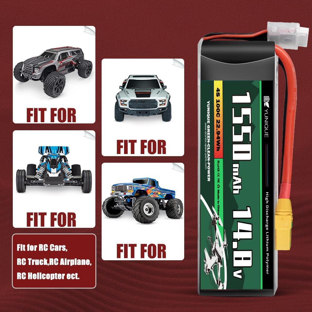 Lipo Battery 4 Cells 14.8V 1550mAh 100C with XT60 Connector, Silicone Cable and Soft Shell - Size 78X38X29 mm, Weight 180g - High Power for RC Models