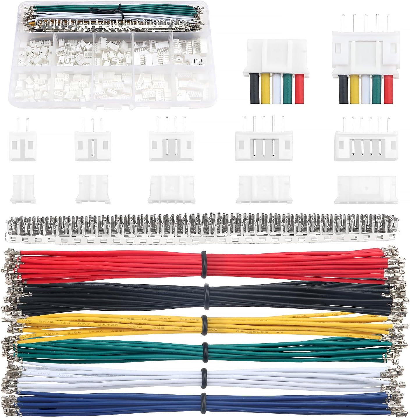 420 Pieces JST 2.0mm Connector Kit: JST-PH 2/3/4/5/6 Pin Set, Male and Female Connectors, 22AWG Pre-Crimped Cables and Dual Female Pins - Ideal for Electronics