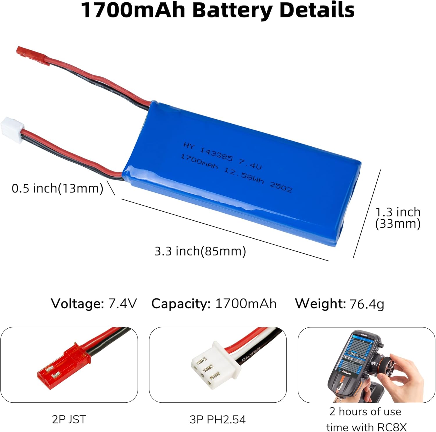 7,4V 1700mAh LiPo-batteri til RC-biler | Optimeret ydeevne | Sikkerhed og holdbarhed | Sølv