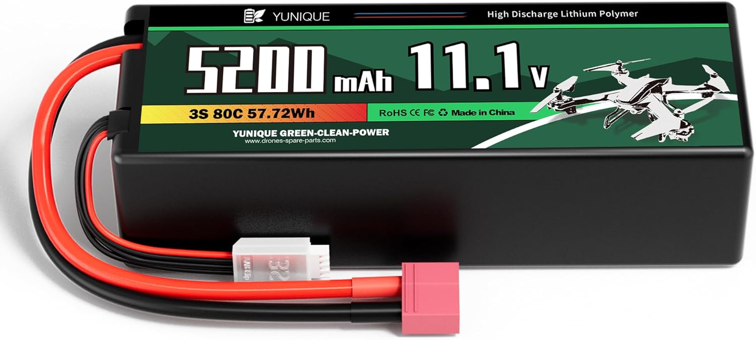 3-Cell 11.1V 5200mAh 80C Lipo Battery with T-Plug Connector, Silicone Cable and Hard Shell - Size 138x47x36 mm, Weight 359g - High Power for RC Models
