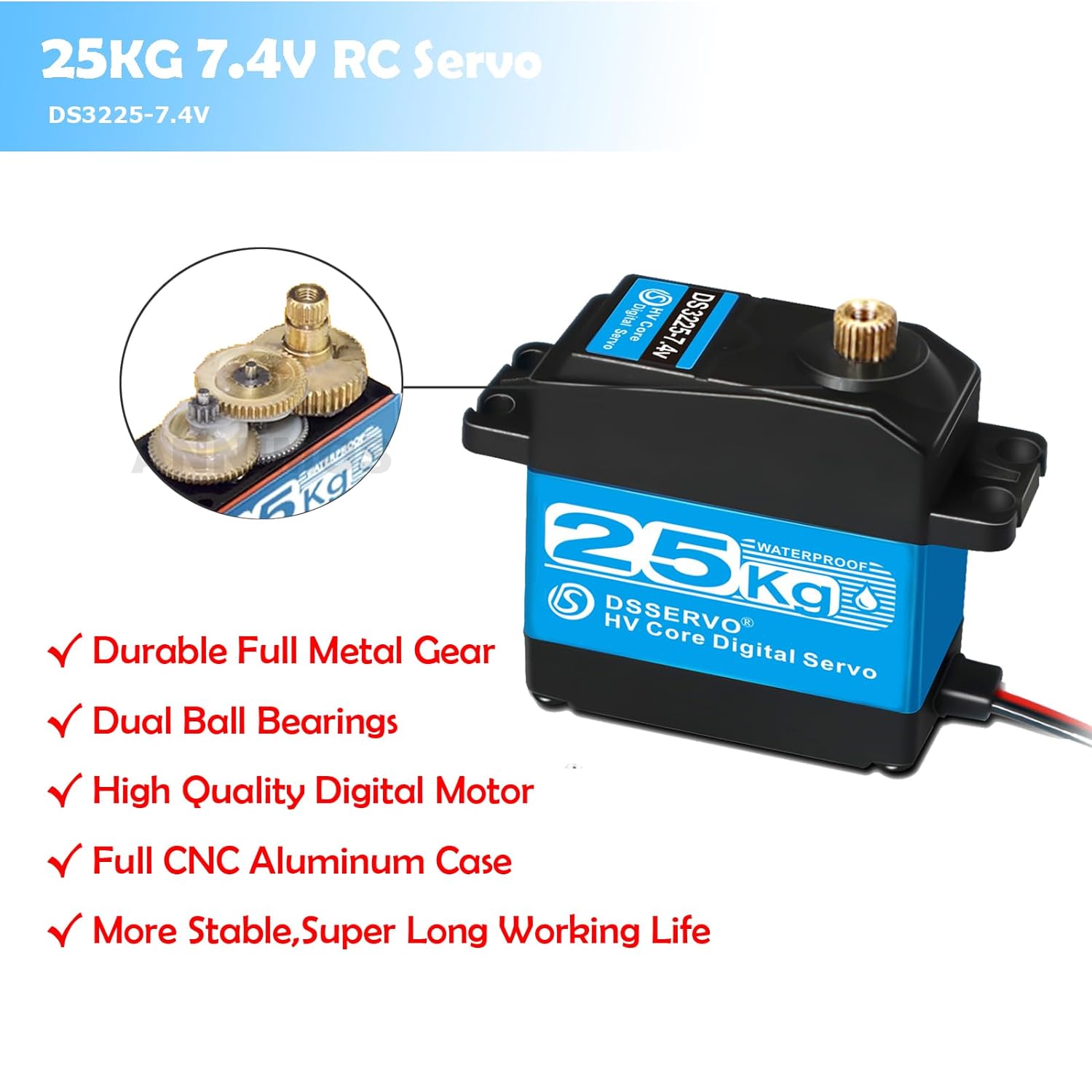 2 Pieces 25KG RC Steering Servo, 7.4V High Torque Digital Motor with Stainless Steel Gears, Waterproof, 180° for Robotic Cars and DIY Projects