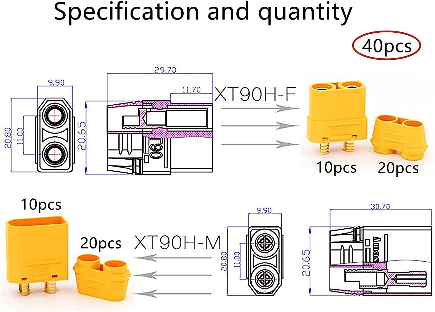 XT90H Male-Female Connectors 10 Pairs | Current Support 40A/90A Max | High Quality for RC Lipo Batteries | With Wire Feedthrough, Yellow, Plastic