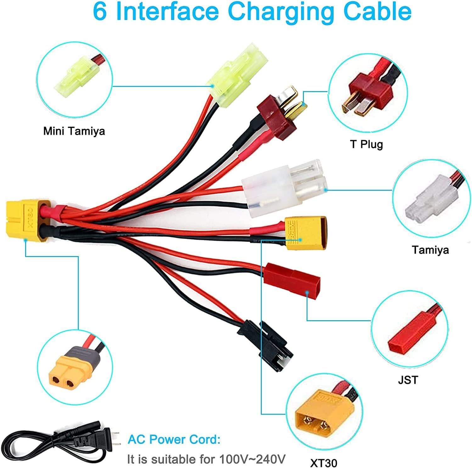 Caricabatterie Lipo 1S-4S Balance con Display IPS Digitale - AC Smart Battery Charger per Lipo/LiHV/Life - 6 Cavi di Ricarica