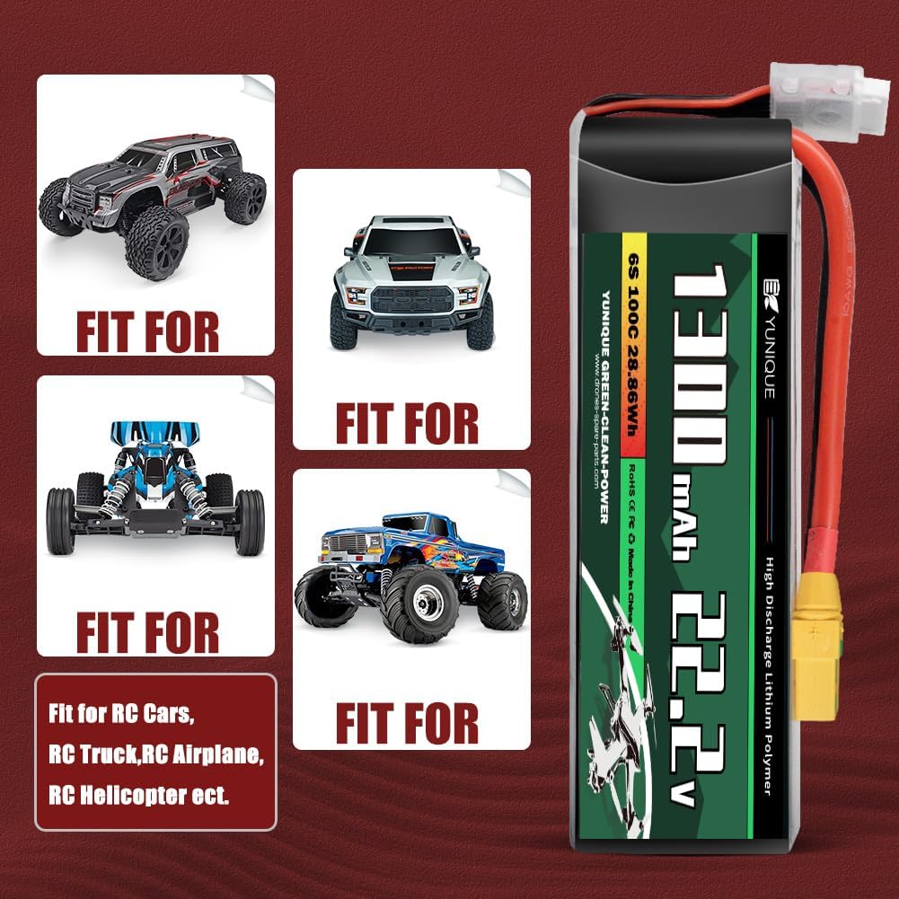 Batteria Lipo 6 Celle 22.2V 1300mAh 100C con Connettore XT60, Cavo in Silicone e Guscio Morbido - Dimensioni 74x38x38 mm, Peso 265g - Alta Potenza per Modelli RC