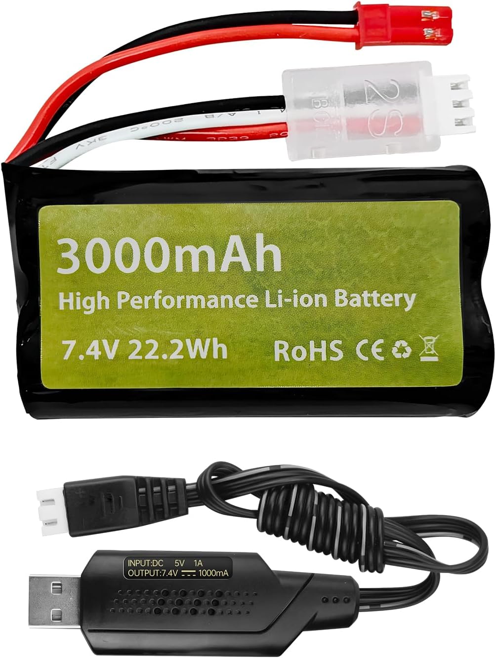 Set of 4 Li-ion 3.7V 3000mAh Batteries with USB Chargers for RC Cars, Compatibility with DE45 DE42 1:14 Off-Road and Drift Racing Models