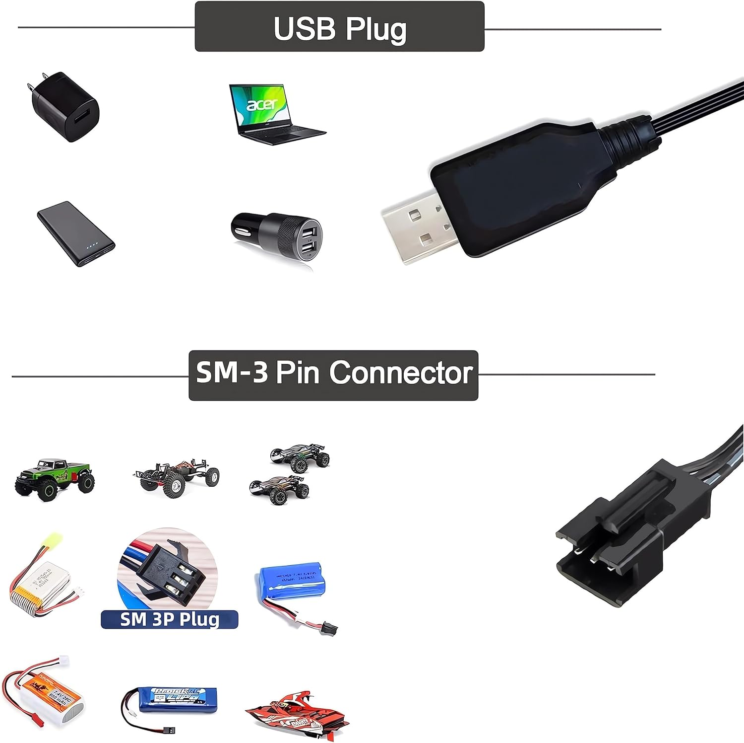 USB Cable Universal RC Charger with SM-3P plug connector for 2S 7.4V LiPo battery Compatible RC Car/Auto/Airplane/Drone/RC Boat and other remote control toys