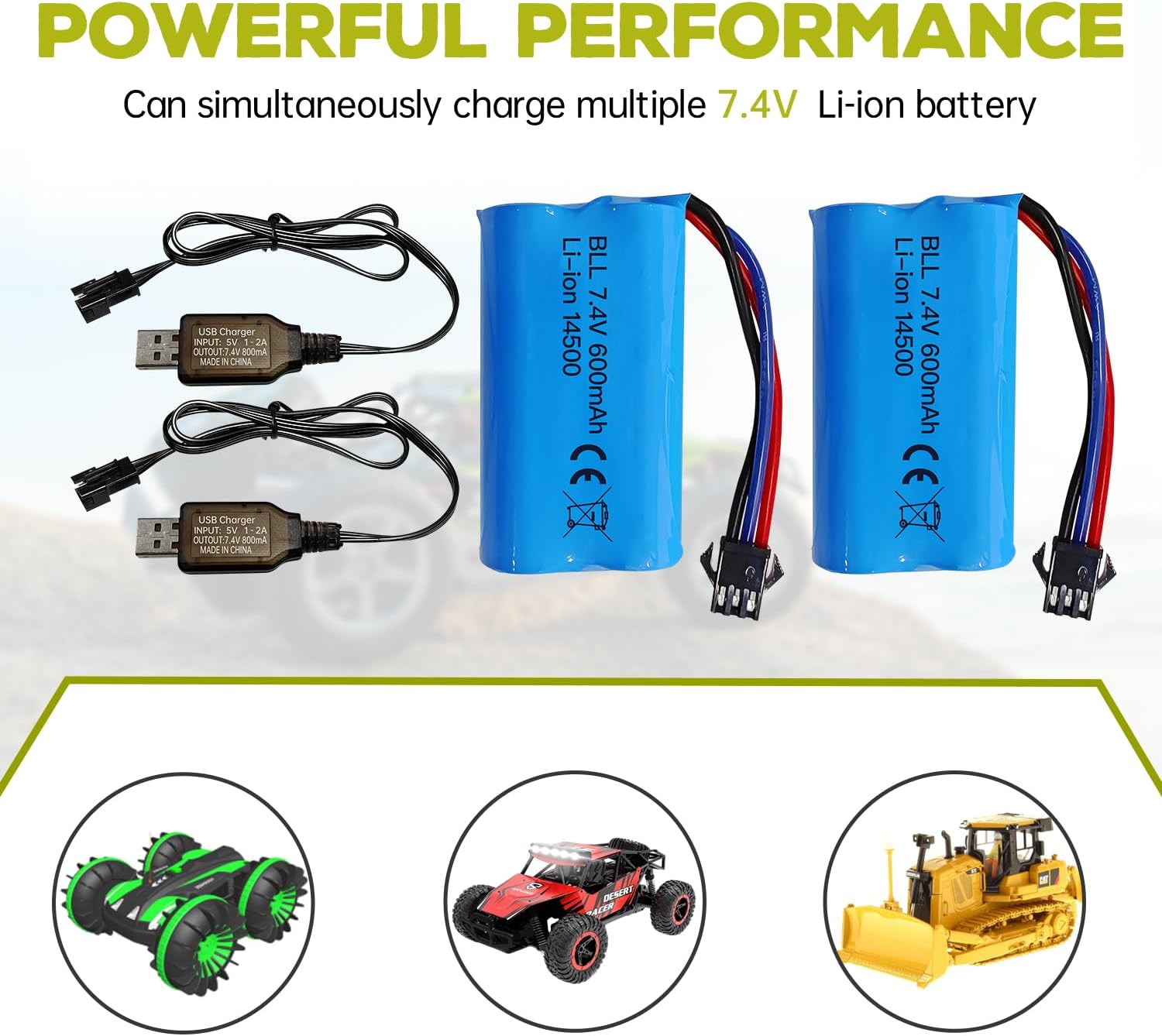 2 Batterie Li-ion 7.4V 600mAh 2S con Connettore SM-3P + Cavo USB – Compatibili con RC Car DE82, TK3086B, TK-3082B, G20601, Stunt Flip Car