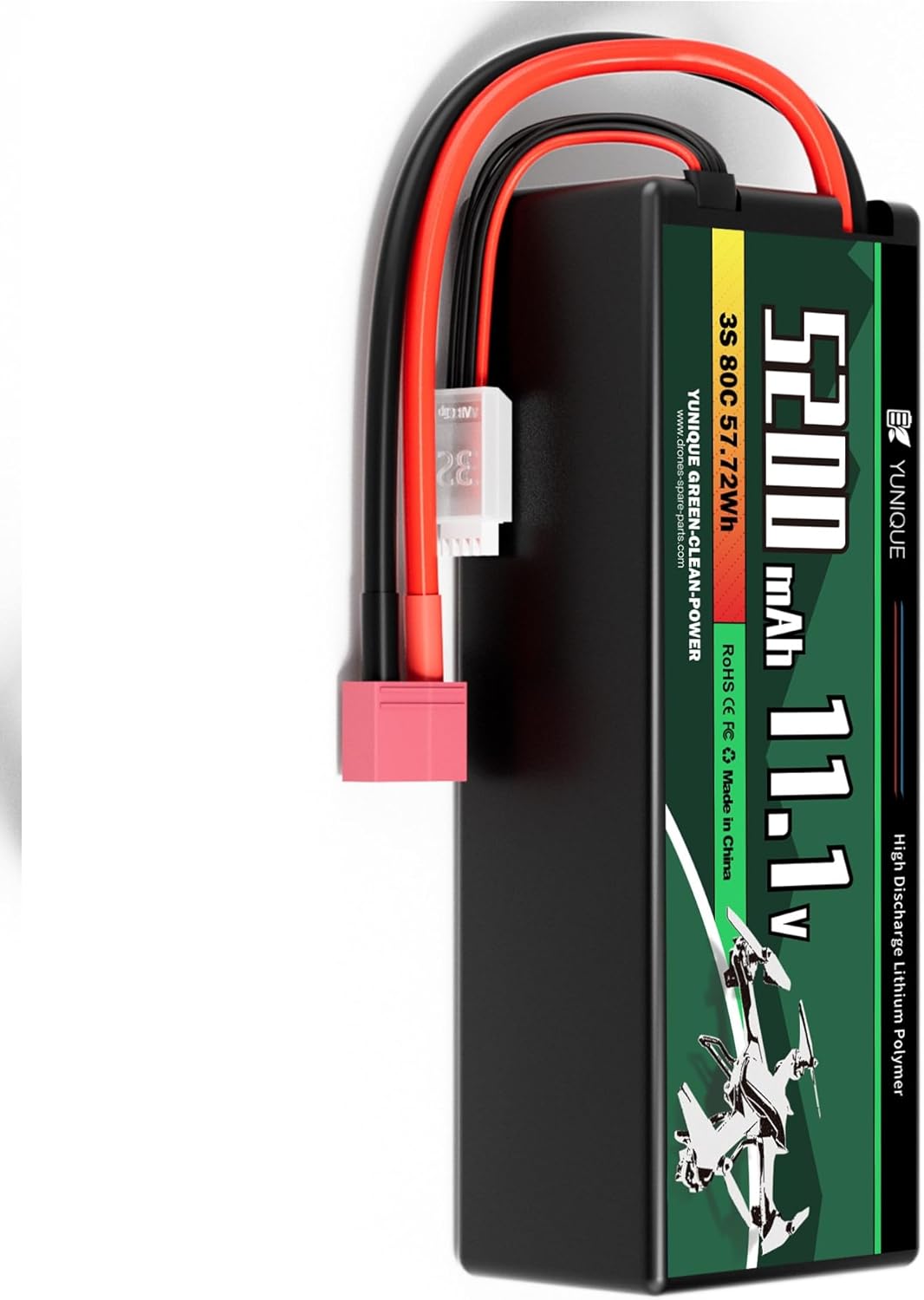 3-Cell 11.1V 5200mAh 80C Lipo Battery with T-Plug Connector, Silicone Cable and Hard Shell - Size 138x47x36 mm, Weight 359g - High Power for RC Models