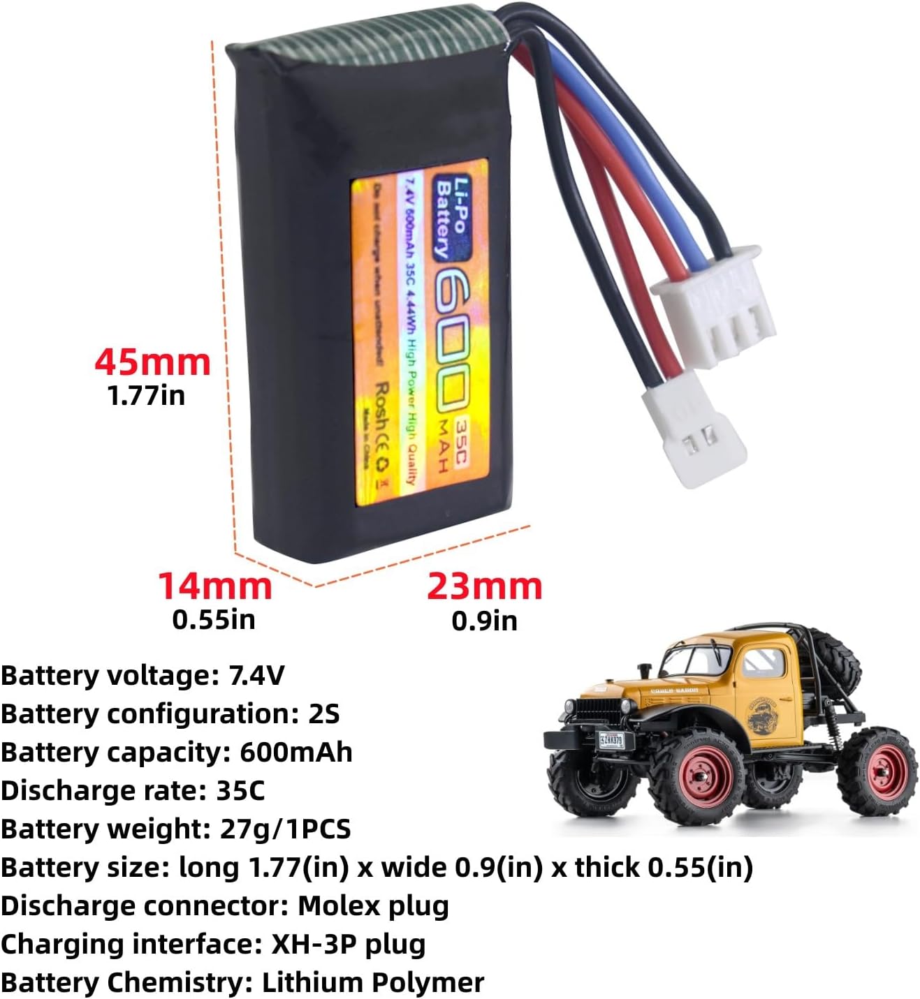 Set of 2 LiPo 7.4V 600mAh 35C 2S Batteries with Molex Plug - Compatible with FMS FCX24 RC Car Truck and Climbing Electric Vehicles