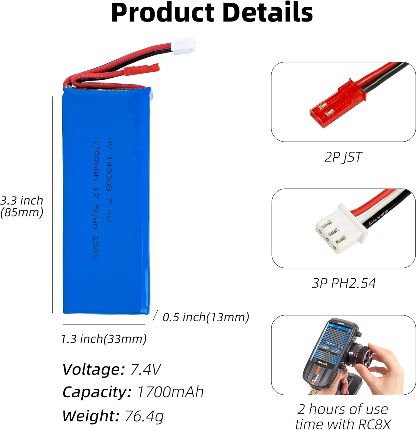 7,4V 1700mAh LiPo-batteri til RC-biler | Optimeret ydeevne | Sikkerhed og holdbarhed | Sølv