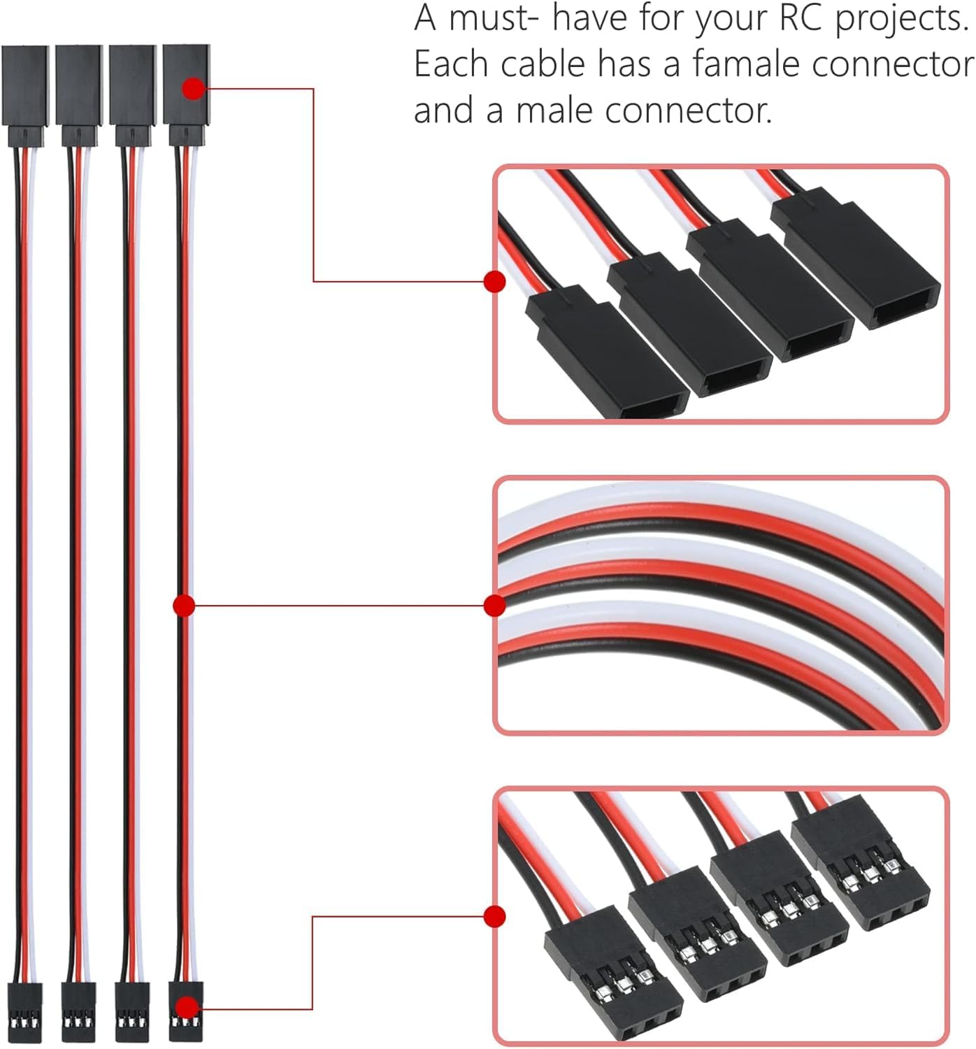 Set 24 Pezzi Cavi Servo di Estensione 3 Pin JR Maschio a Futaba Femmina – Prolunghe Servo RC da 10/15/30/50 cm – Compatibili con Auto, Droni, Aerei