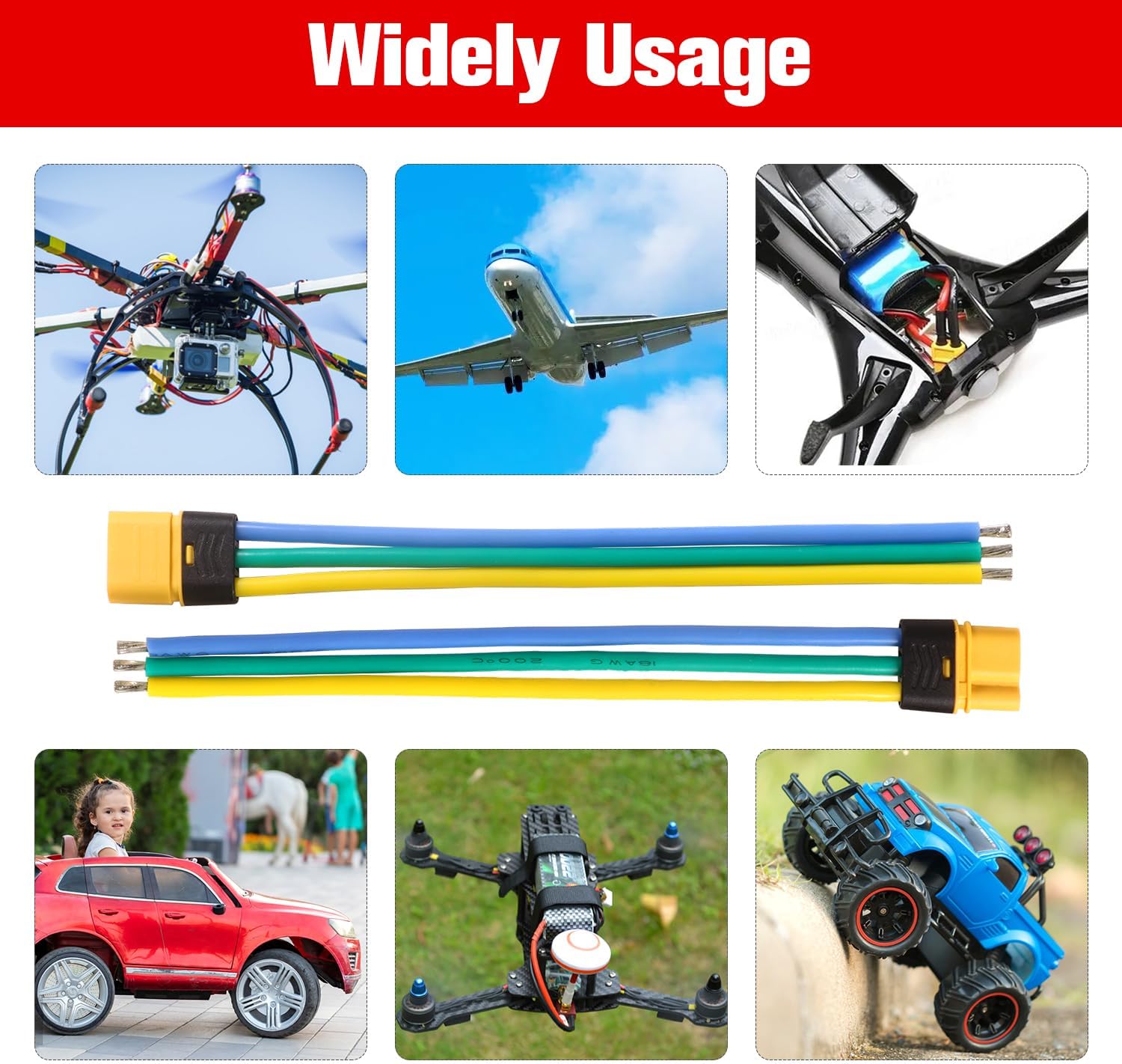 2 Pieces XT60 Parallel Male to 2 Female and Female to 2 Male 14AWG Cable | RC Lipo Battery Adapters | Drones, Cars, Airplanes, Model Builders