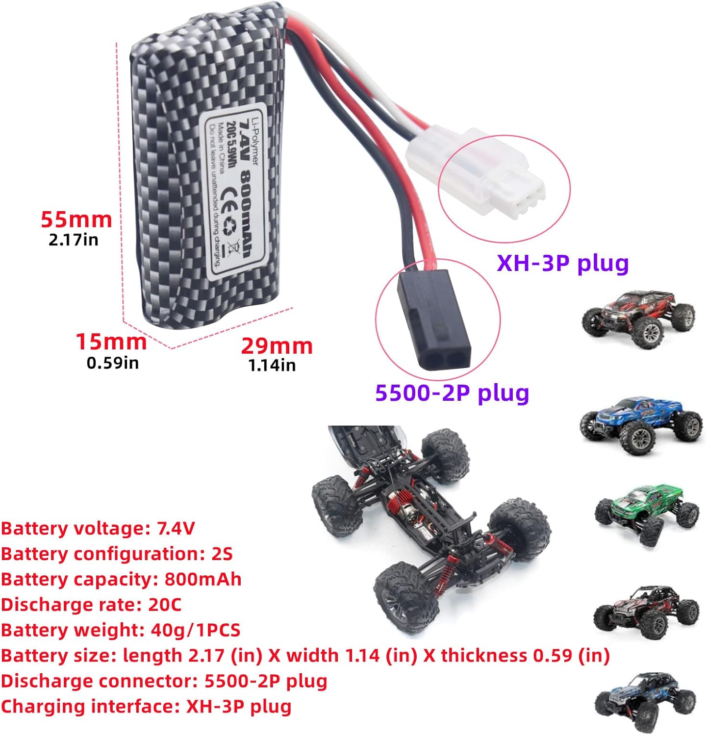 2er-Set Lithium-Batterien 7.4V 800mAh 5500-2P - Kompatibel mit ferngesteuerten Autos 9130, 9135, 9136, 9137, 9138, 9145 - Ideal für RC-Off-Road-Fahrzeuge