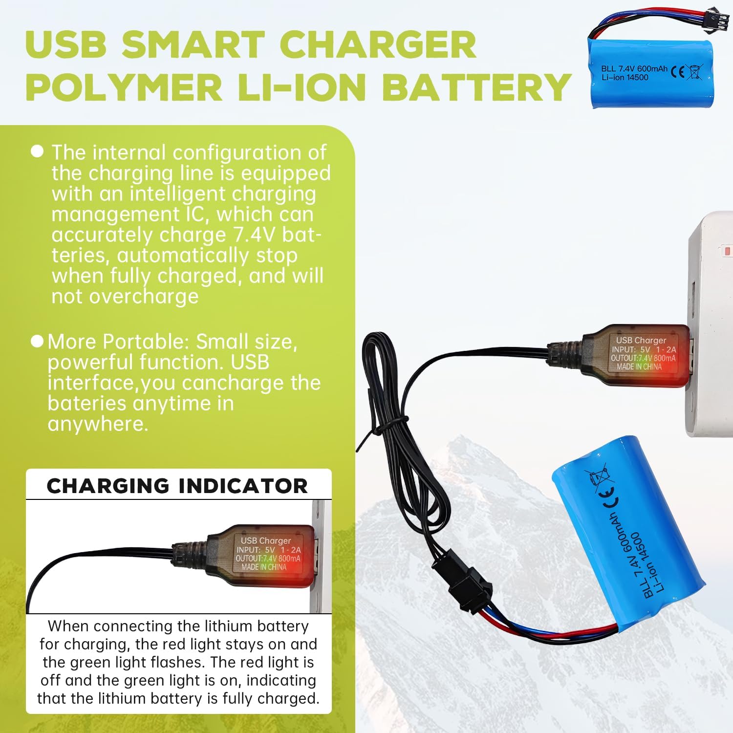 1 Batteria Li-ion 7.4V 600mAh 2S con Connettore SM-3P + Cavo USB – Compatibile con RC Car DE82, TK3086B, TK-3082B, G20601, Stunt Flip Car