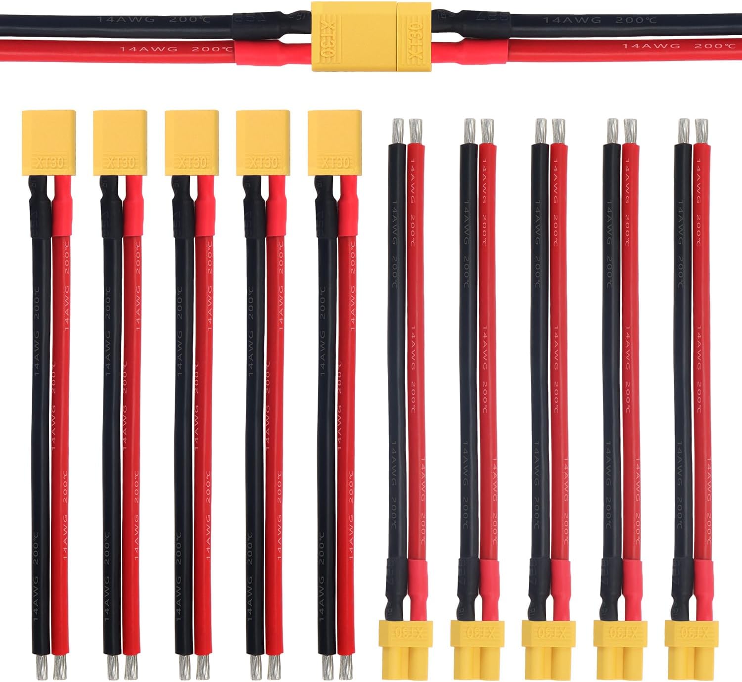 5 Pairs of XT30 Male and Female Connectors with Silicone Cable 100mm 14AWG for Lipo Battery FPV Drone