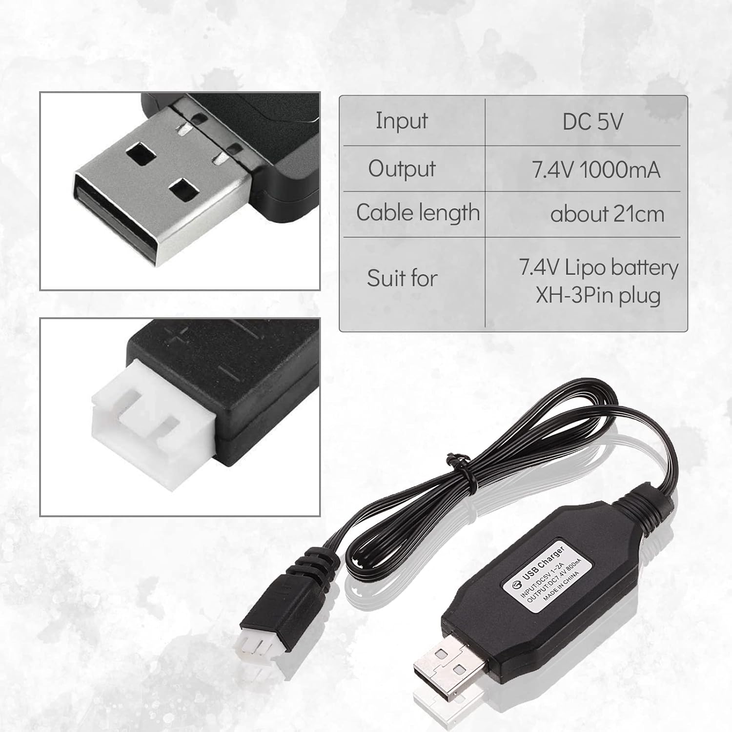 2 Pezzi Cavo di Ricarica USB 7.4V per Droni | Compatibile con SYMA X8C/X8G/Hubsan H501S | Connettore USB, Adatte per Batterie Lipo, Nero, Plastica