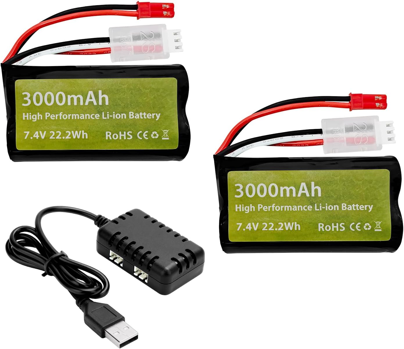 Set of 4 Li-ion 3.7V 3000mAh Batteries with USB Chargers for RC Cars, Compatibility with DE45 DE42 1:14 Off-Road and Drift Racing Models