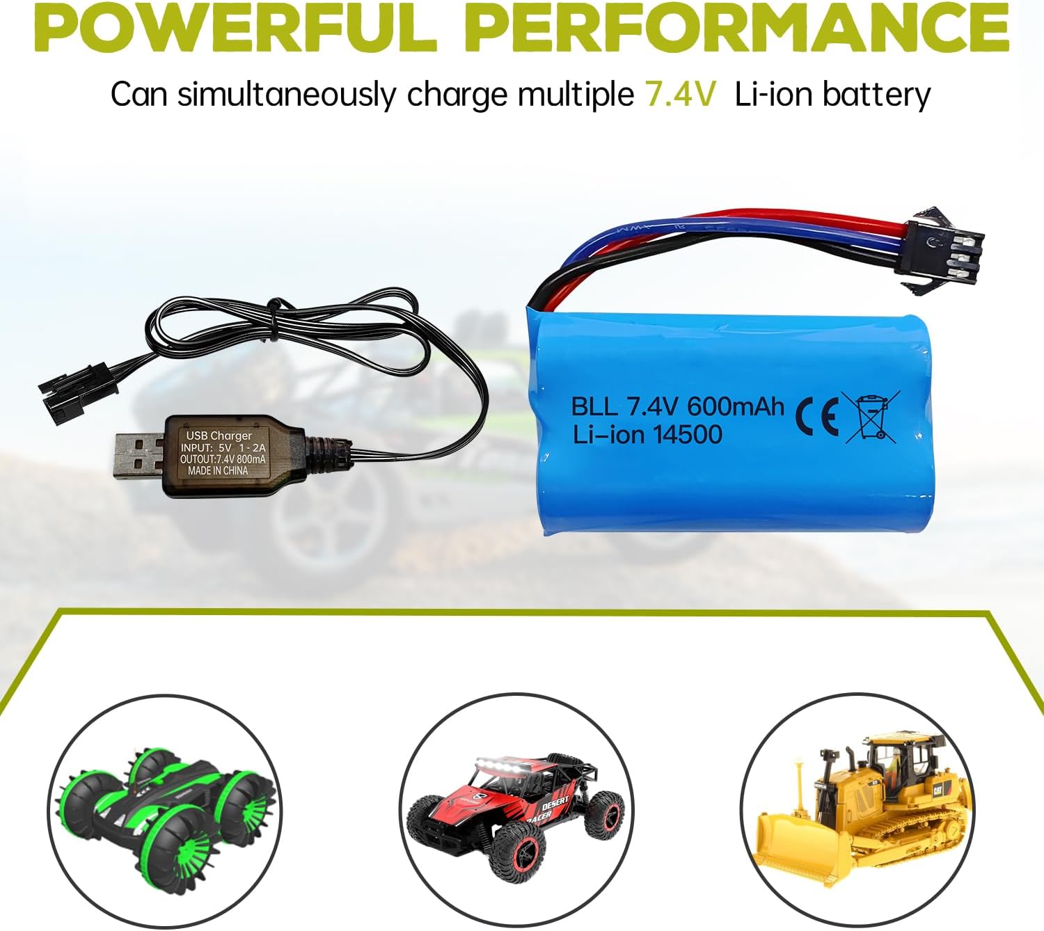 1 Batteria Li-ion 7.4V 600mAh 2S con Connettore SM-3P + Cavo USB – Compatibile con RC Car DE82, TK3086B, TK-3082B, G20601, Stunt Flip Car