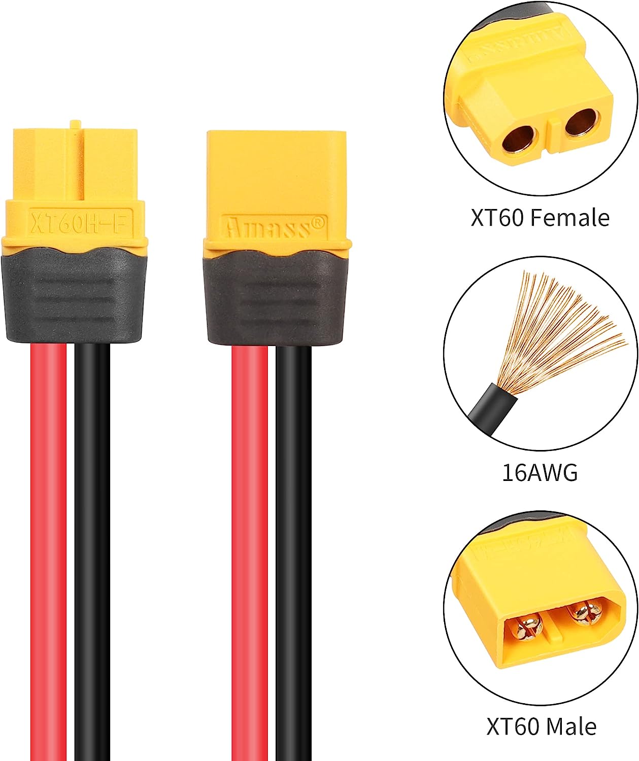 Cavo di Prolunga XT60 1.2m 16AWG Maschio-Femmina | Per Batterie RC e Droni FPV | Alta Qualità, Flessibile, Silicone Giallo