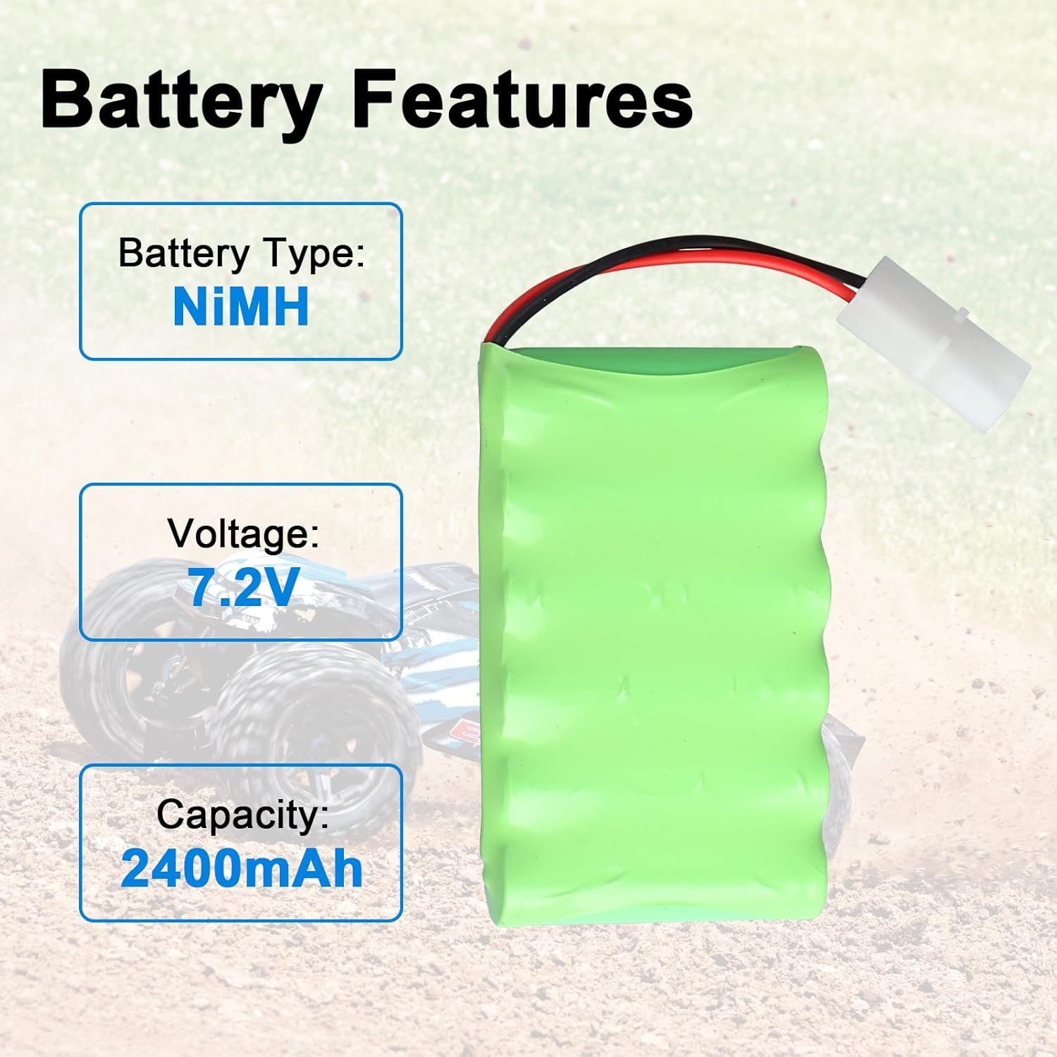 NiMH baterija 7.2V 2400mAh za RC modeliranje | Punjiva USB | Kompatibilno s RC automobilima, RC tenkovima, RC brodovima, zeleno