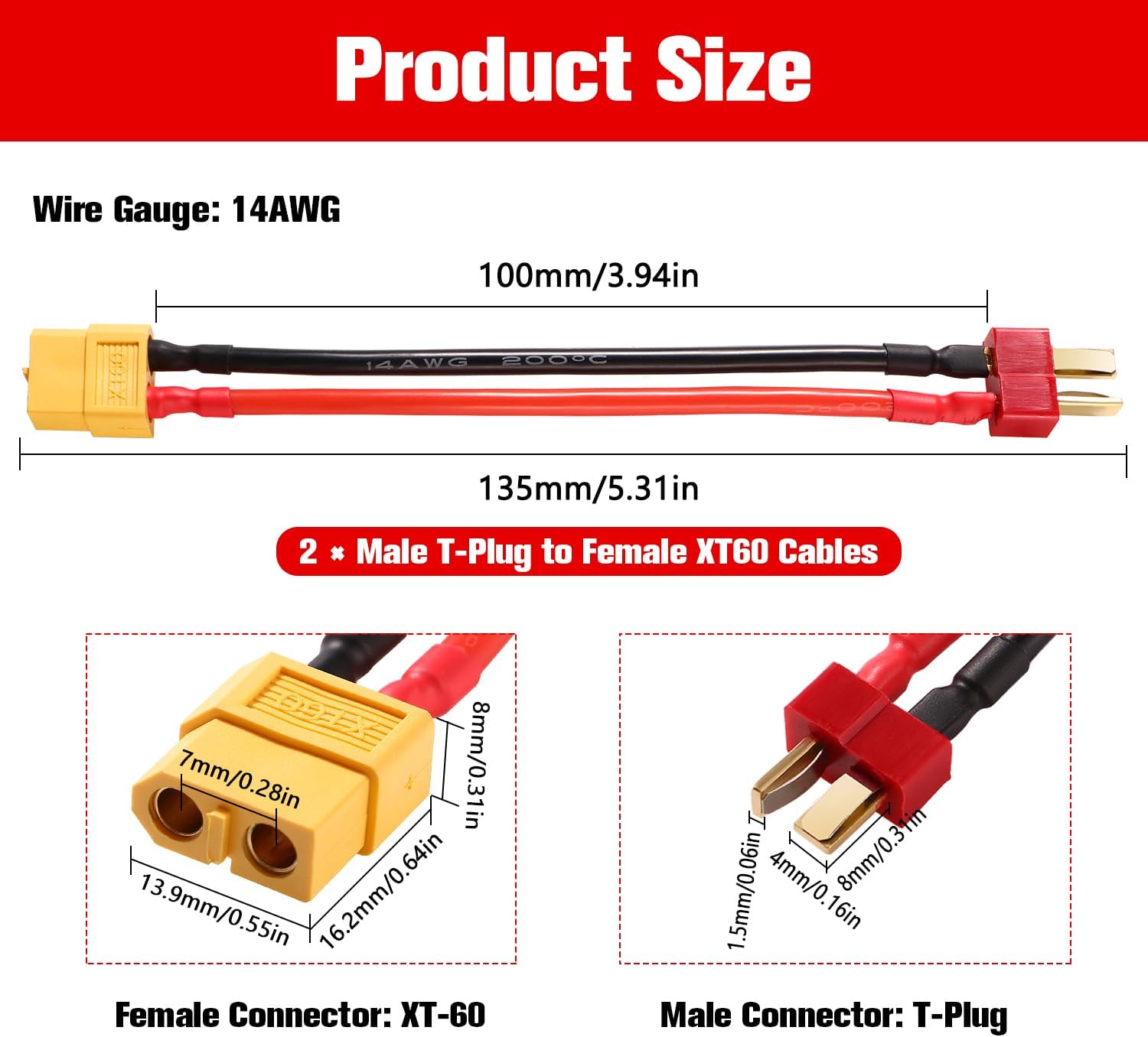2 Adattatori T-Plug Maschio XT60 Femmina 14AWG Silicone 10cm LiPo RC ESC Caricabatterie
