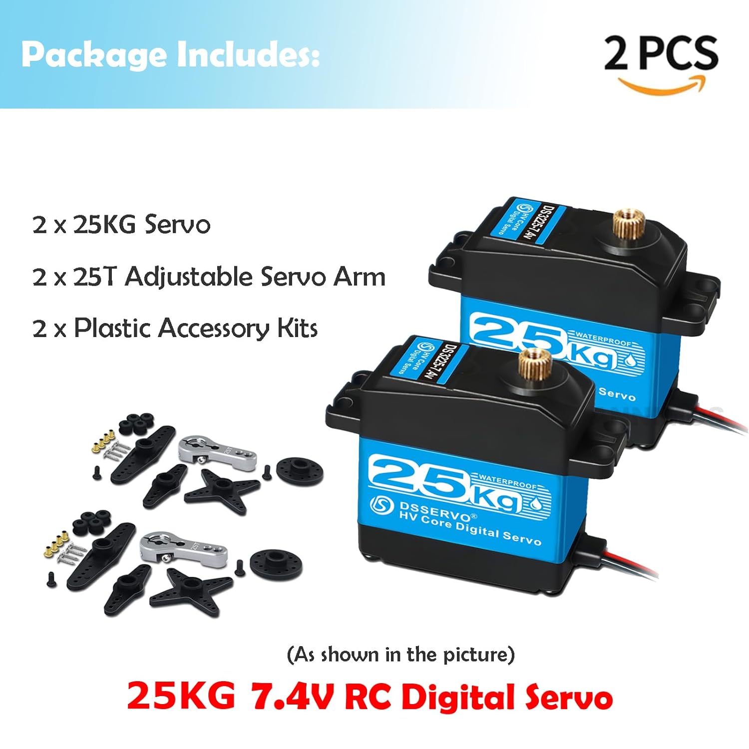 2 Pieces 25KG RC Steering Servo, 7.4V High Torque Digital Motor with Stainless Steel Gears, Waterproof, 180° for Robotic Cars and DIY Projects