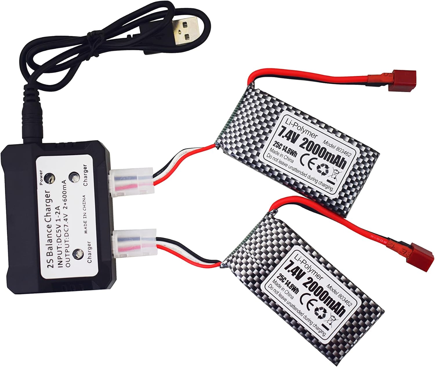 Set 2 Batterie LiPo 7.4V 2000mAh con T-plug e Caricatore 2in1 | Compatibile RC 9200, 9200E, S920, 9125
