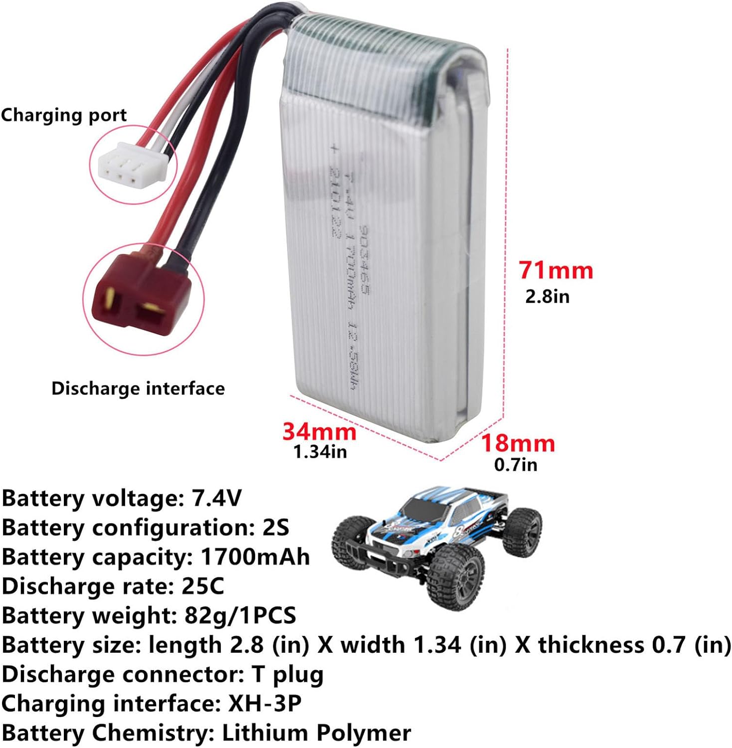 2 Pezzi Batterie al Litio 7.4V 1700mAh per Auto RC | Compatibile 9200/9200E | Silver